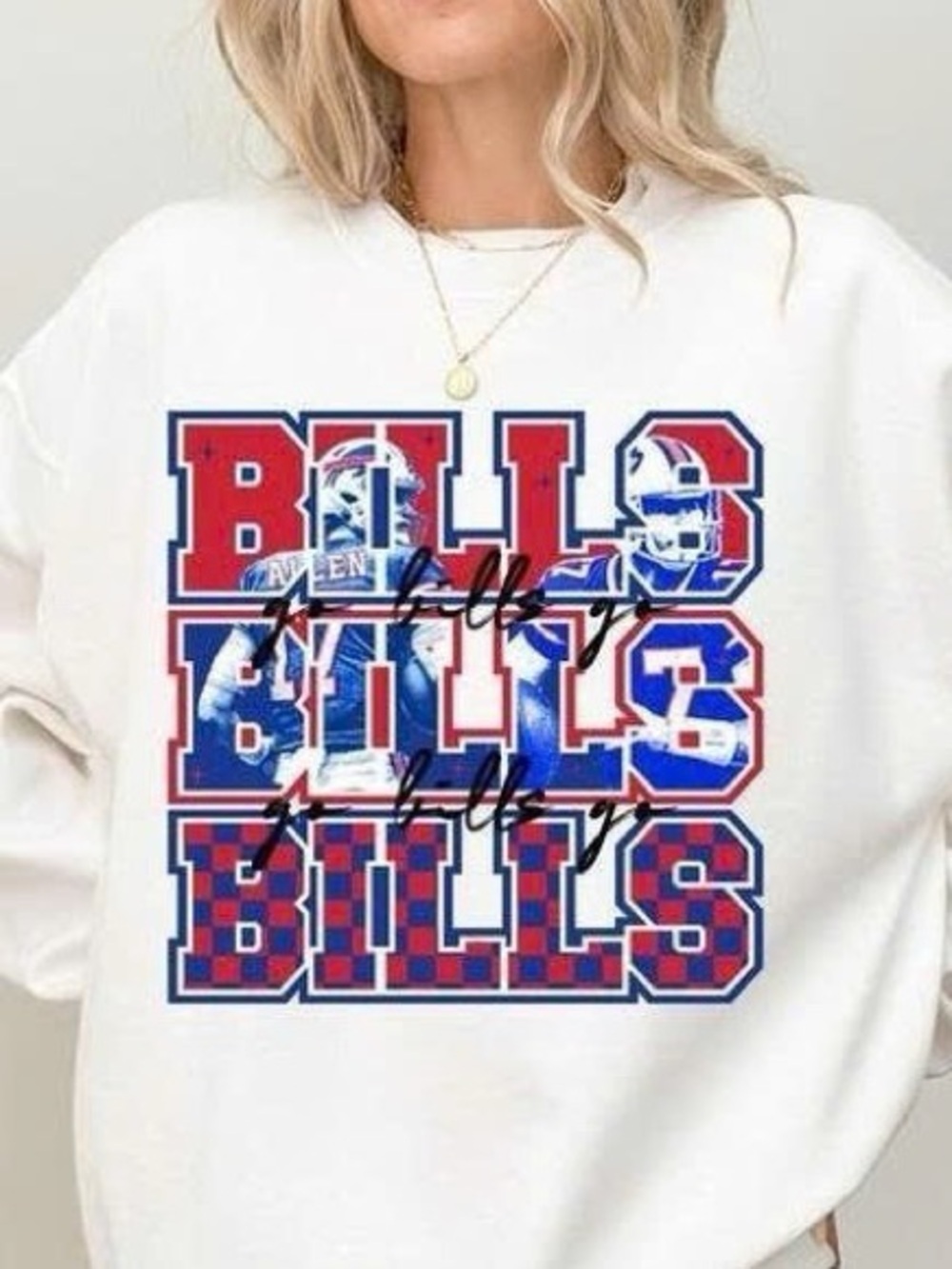 White Crewneck Sweatshirt with Red and Blue 'BILLS' Graphic